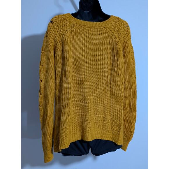 Rue21 Mustard Yellow Cable Knit Sweater Lace Up Sleeve Detail Pullover Medium - Picture 3 of 5